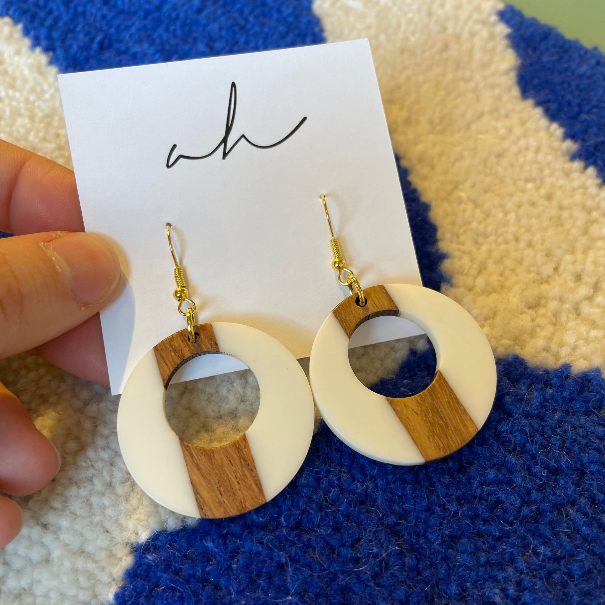 AH Earrings - White & Wood Circle Cutouts w/ Gold Hooks