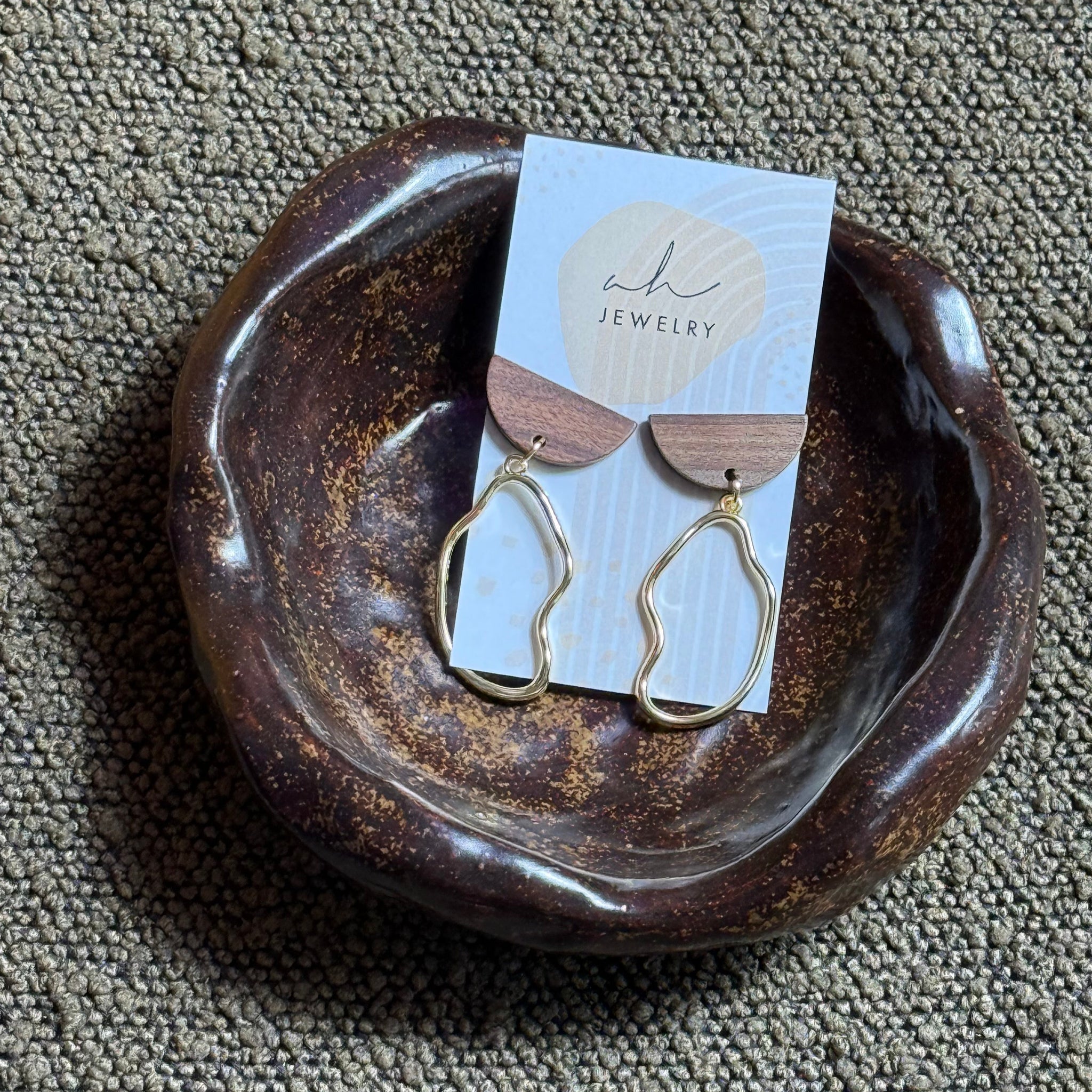 Gold Squiggle with Wood Earrings | AH Designs