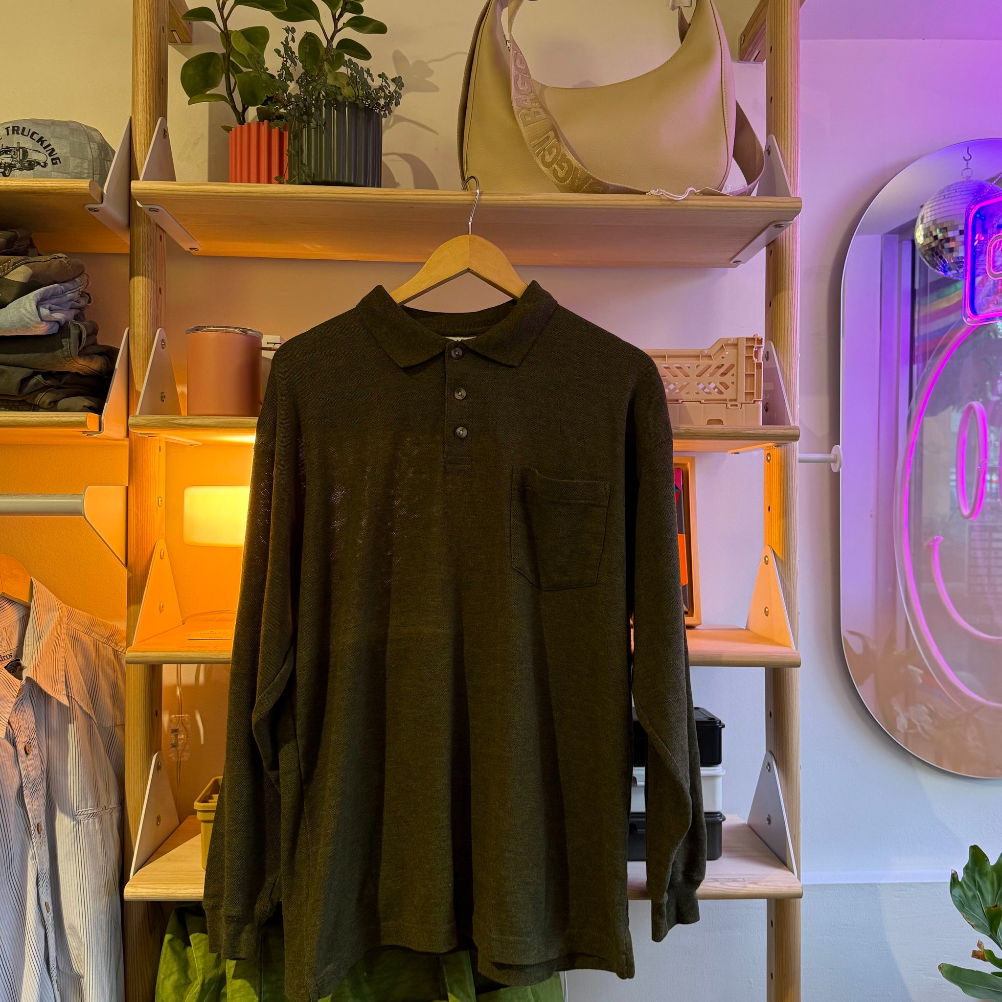 Green Long Sleeve Tee with Buttons | L