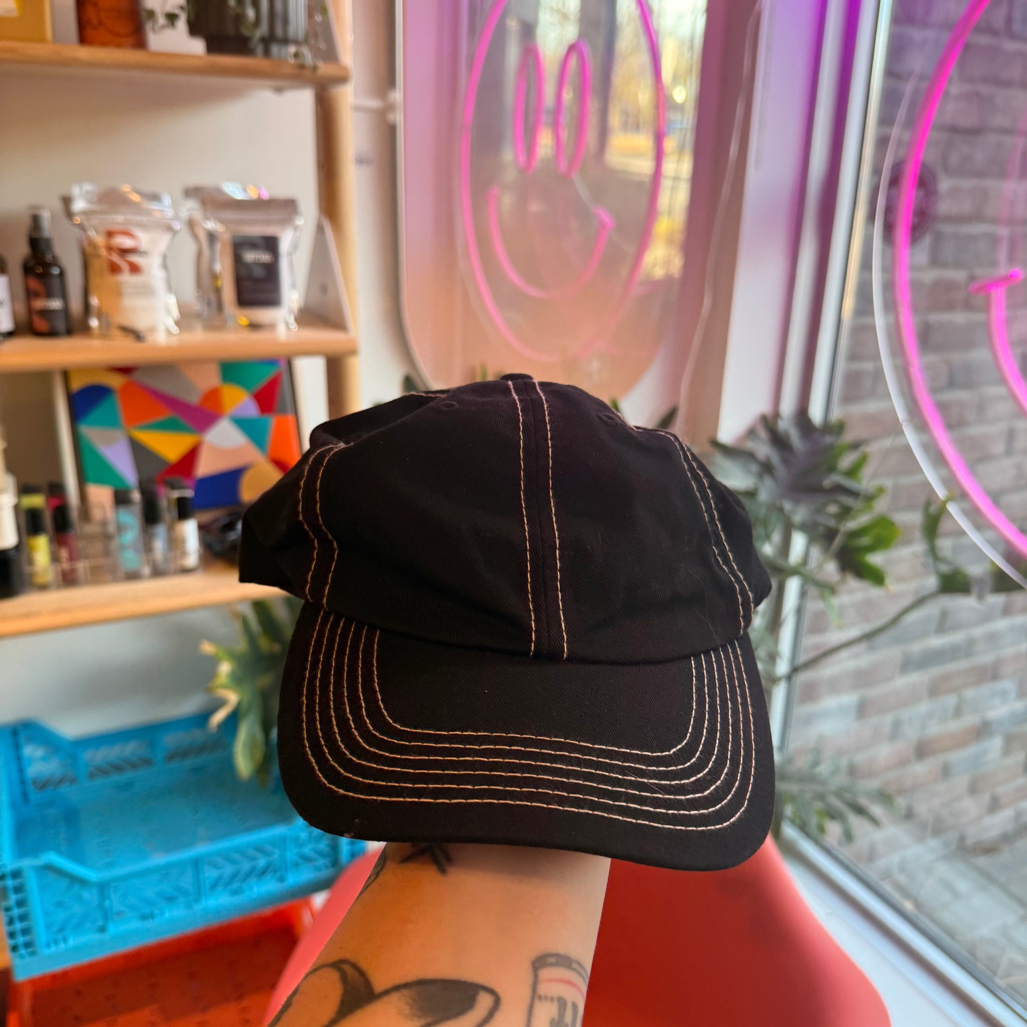 Black Hat with White Stitching