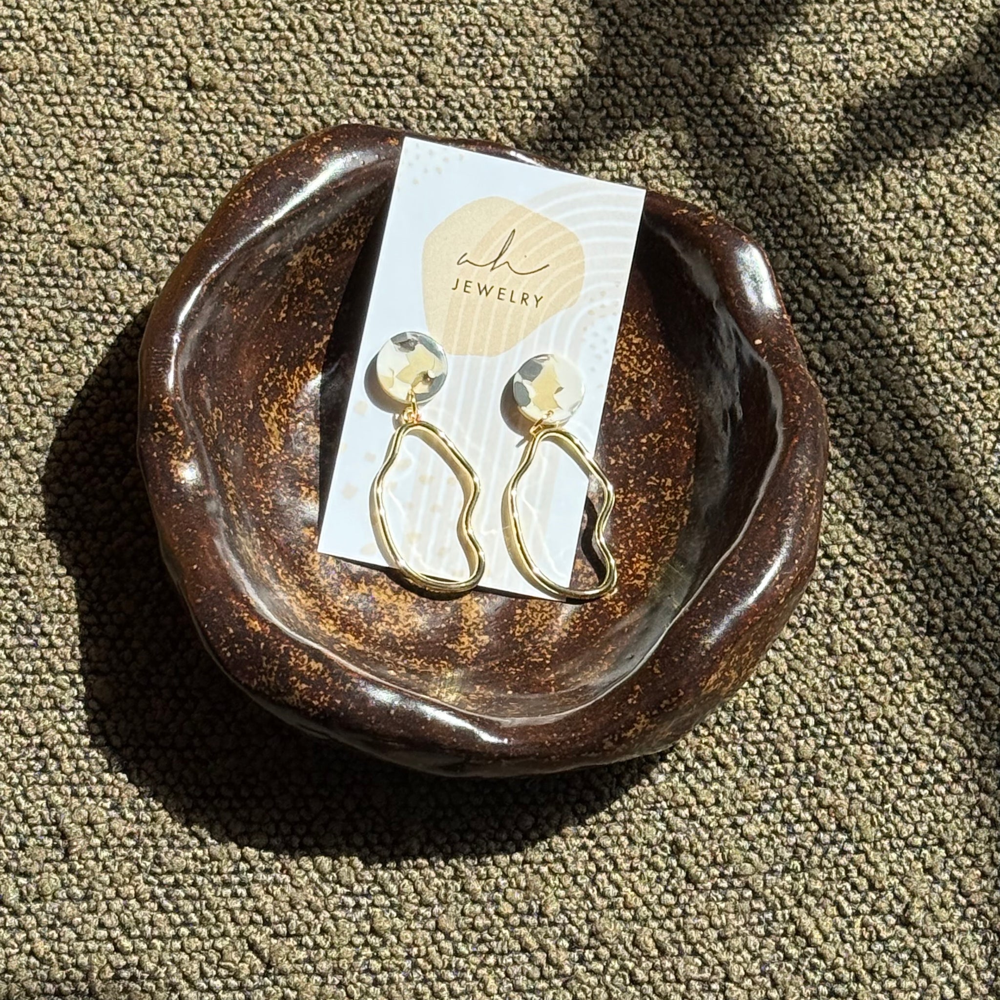 Gold Squiggle with Neutral Circle Earrings | AH Designs