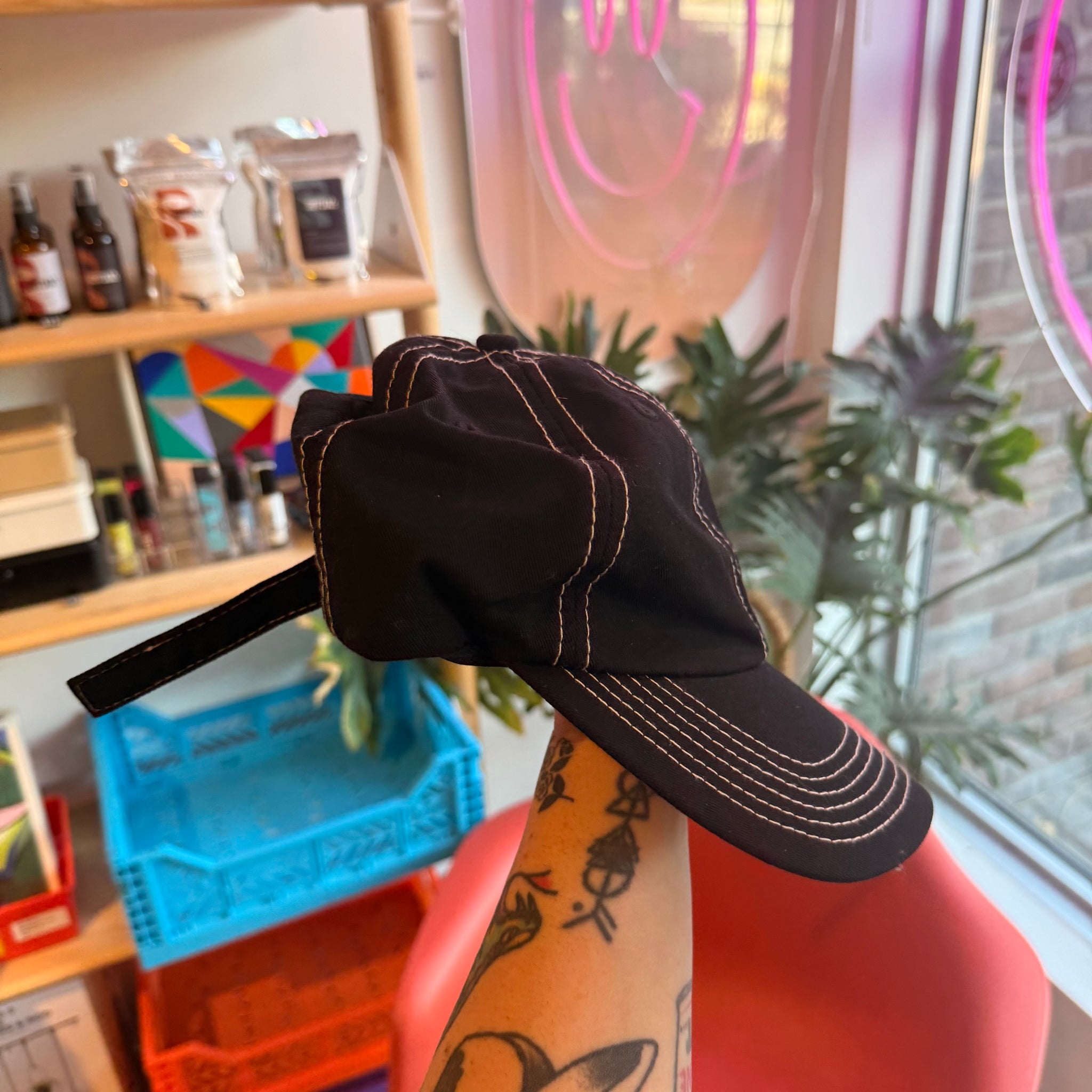 Black Hat with White Stitching