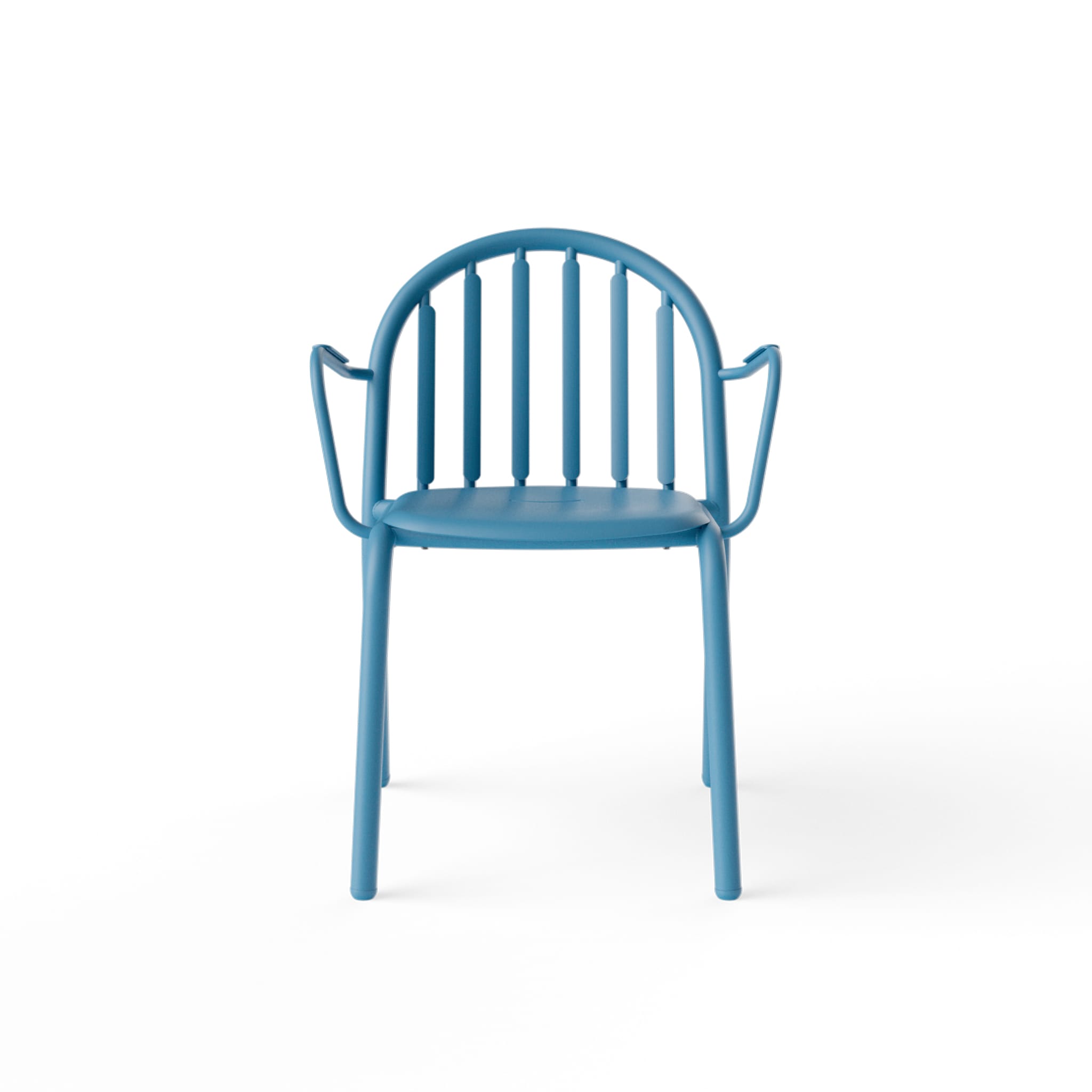 Stackable Fred’s Armchairs displayed on a garden deck, emphasizing their lightweight and easy-to-store design.