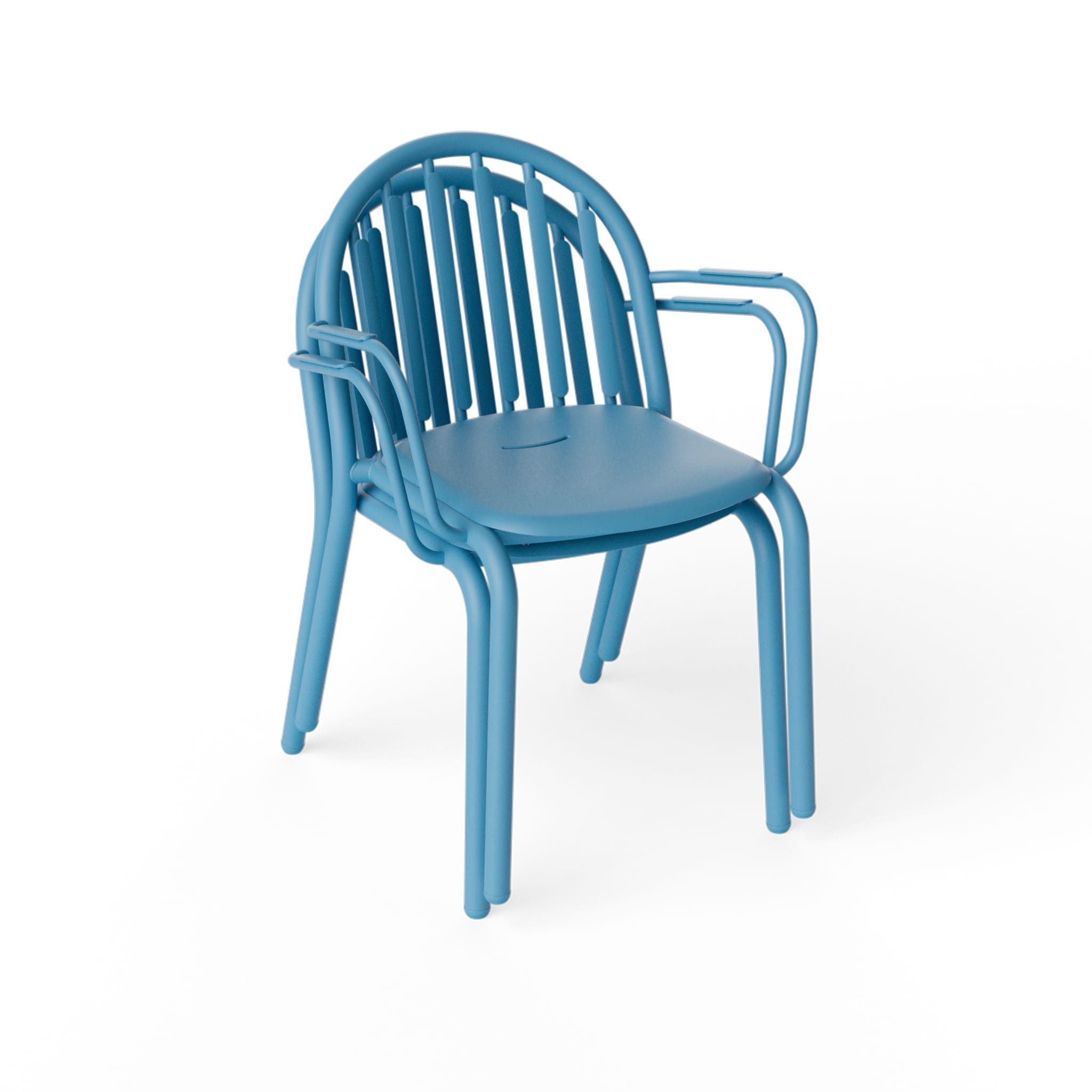 Lightweight Fred’s Armchair being stacked, highlighting its practical and space-saving design.