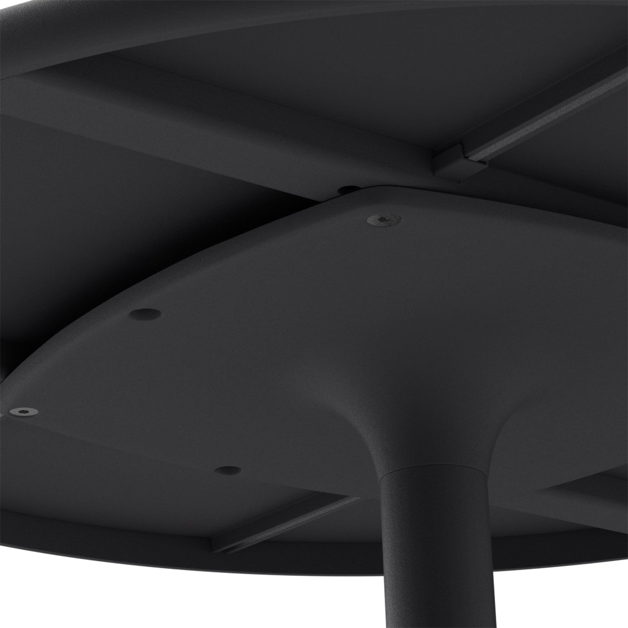 Close-up of Fred’s Bistreau table’s durable aluminum slats and cast-iron base for a sleek and sturdy outdoor look.