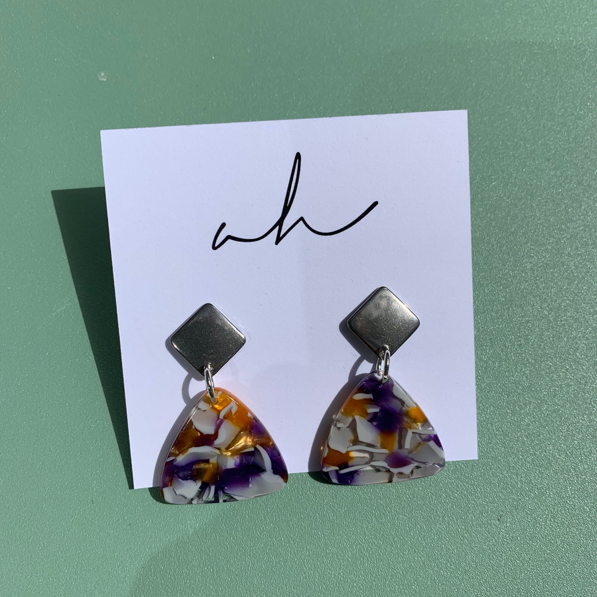 AH Earrings - Orange & Purple Marbled Triangles