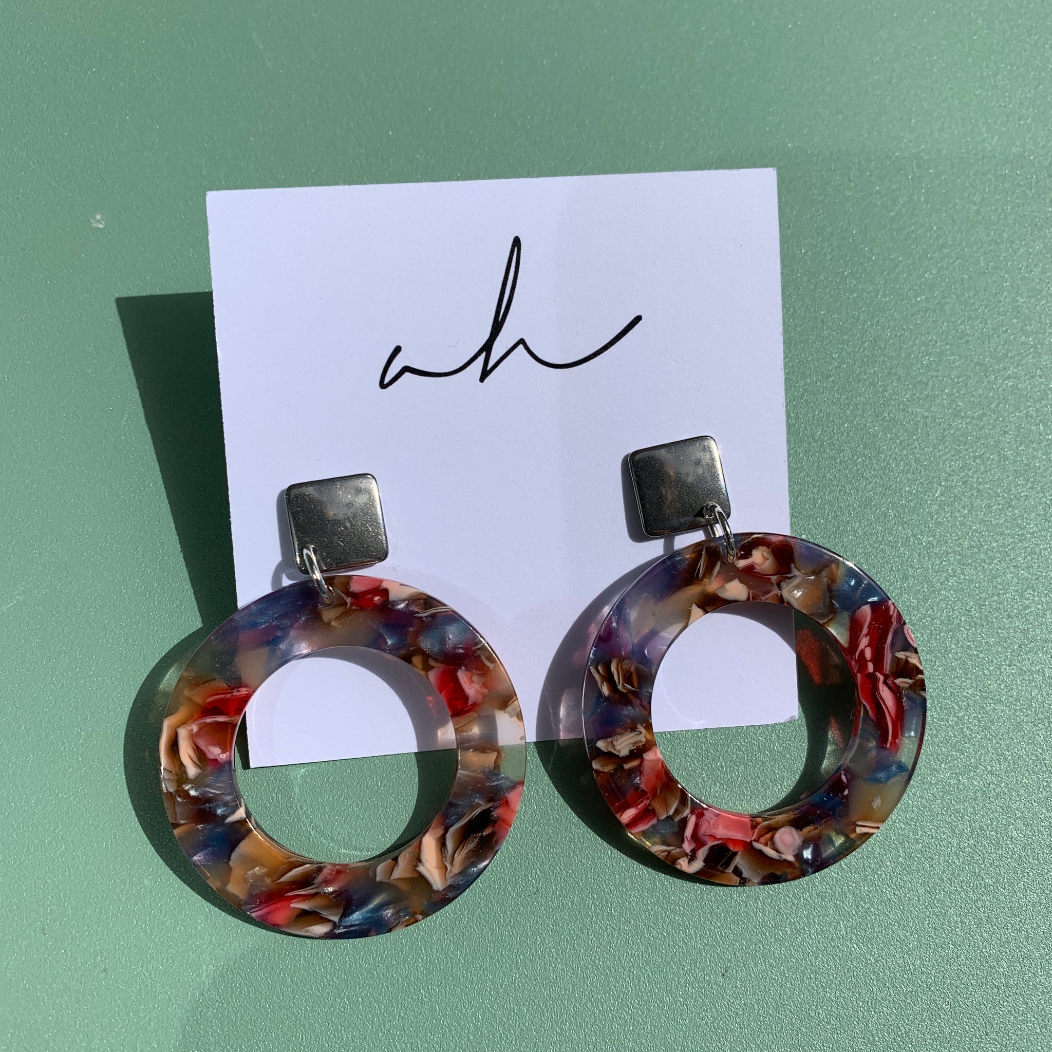 AH Earrings - Pink, Blue & Brown Marbled Circles w/ Silver