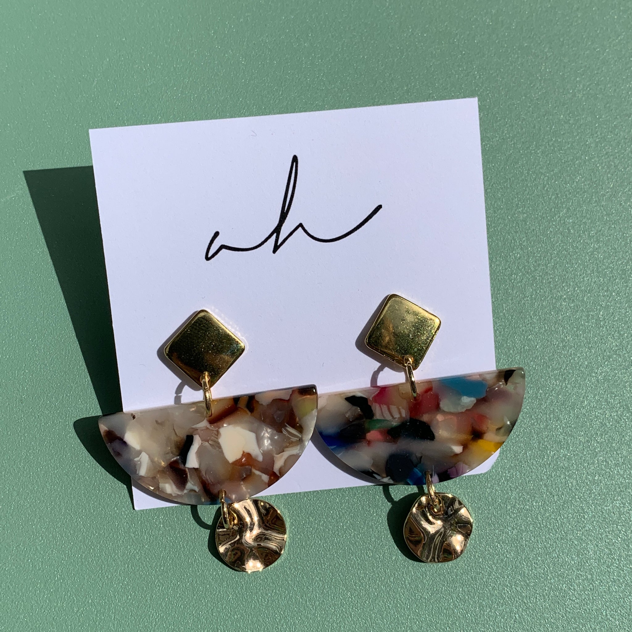 AH Earrings - Multi-coloured Marbeld Crescent w/ Gold Circle Drop
