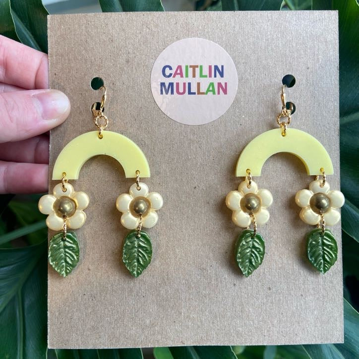 Floral Arch Earrings - Buttery Yellow with Iridescent Accents
