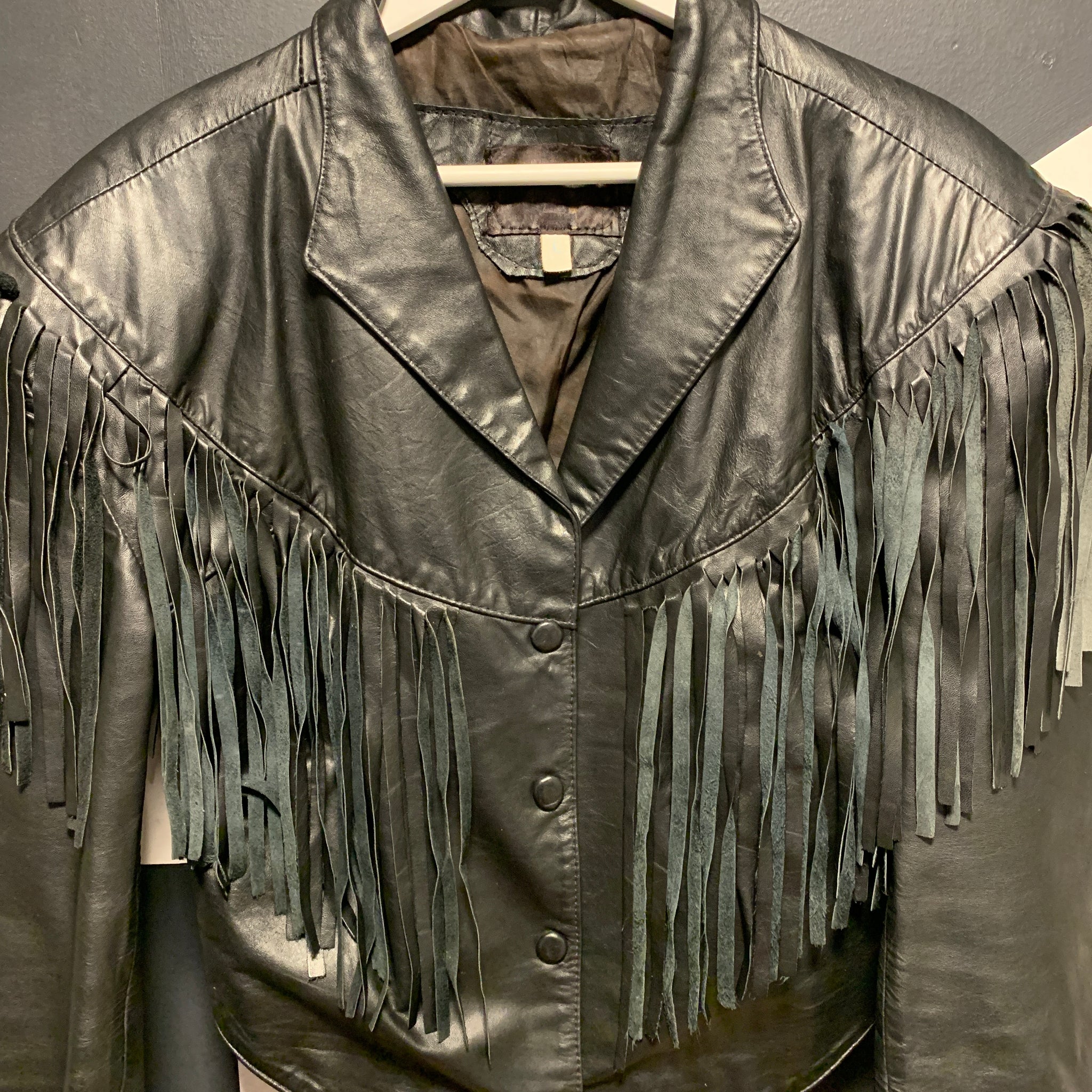 Black Fringe Leather Jacket | S