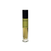 Travel-size fragrance bottle with black cap and green label, clear liquid base