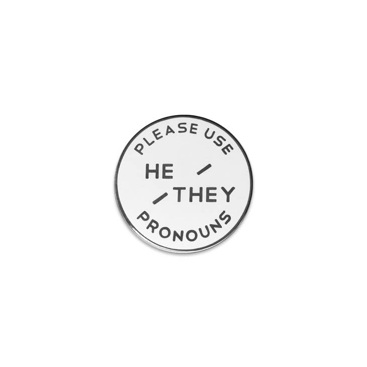 Classic White Enamel Pronoun Pin: He/They
